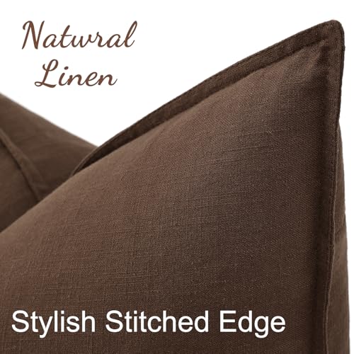 Image of decorUhome Fall Decorative Linen Throw Pillow Covers 18x18 Inch Set of 2 Chocolate Pillow Covers with Flange Edges Soft Farmhouse Boho Accent Pillow Cases for Couch Bed Living Room