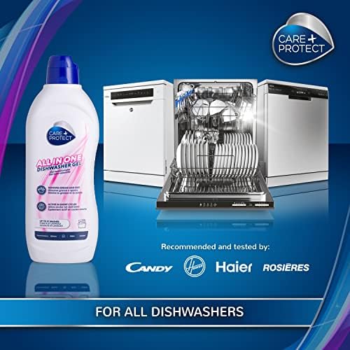CARE + PROTECT Dishwasher Gel All in One: Degreaser, rinse aid, salt, odor neutralizer. Extra Powerful on grease and dirt, active in short cycles. Up to 37 washes, 750ml.