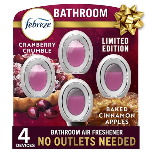 Febreze Bathroom Air Freshener, Odor-Fighting, Plug In Alternative, Air Fresheners for Home and Bathroom and Kitchen, Closet Air Fresheners, Baked Cinnamon Apples & Cranberry Crumble Scent, 4 Count
