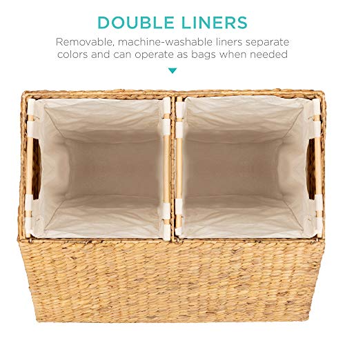 Best Choice Products Rustic Extra Large Natural Woven Water Hyacinth Double Laundry Hamper Storage Basket W/ 2 Removable Machine Washable Cotton Liner Bags, Divided Interior, Lid, Handles- Natural #TOP2