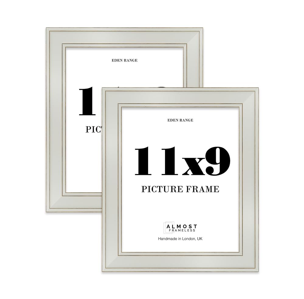 11x9 Light Grey Picture Frame - Shabby Chic Photo Frame with Distressed Finish, Gold Trim, Wall Hooks and Kickstand, 37mm Edge - 2 Pack
