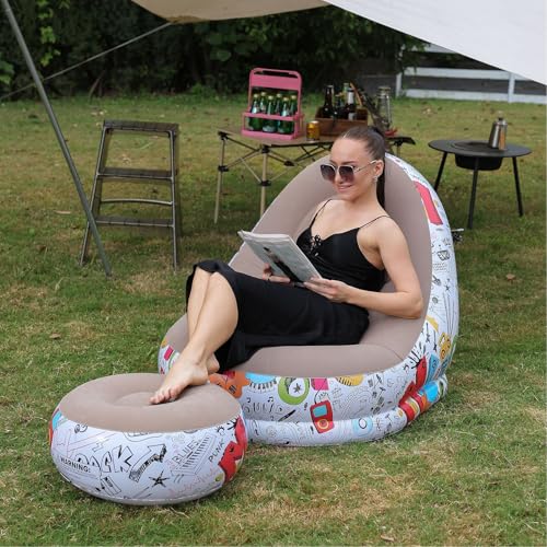 Image of Primechoice Pu, Plastic Inflatable Lounge Chair with Footrest 2-in-1 Air Sofa for Adults, Folding Portable Lazy Recliner with Pump for Indoor Living Room, Office, Outdoor Camping (Graffiti Grey)