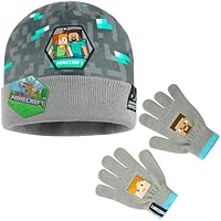 Minecraft Beanie or Winter Accessories Set | 3 Pcs with Scarf & Gloves | 2 Pcs with Gloves | or 1 Pcs Beanie or Bucket Hat (6-14 Years, Grey Hat & Gloves)