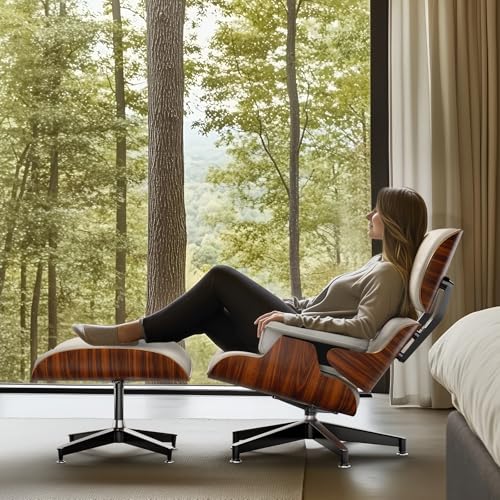 Image of Top White PU Leather, Mid Century Chaise Lounge Chair and Ottoman, Modern Chair Classic Design, Palisander Wood, Heavy Duty Base Support for Living Room Office