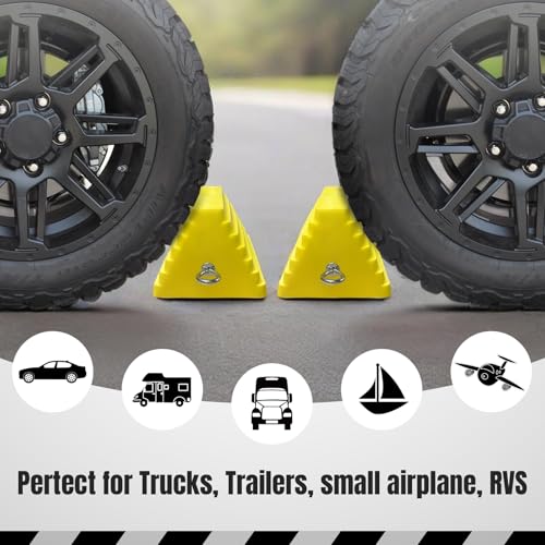 Image of HOXWELL Premium 4 pcs Heavy Duty Wheel Tire Chocks, Vehicle Chocks with Eyebolt for Travel Trailers, Camper, Truck, Car and ATV 4 Pack, Yellow