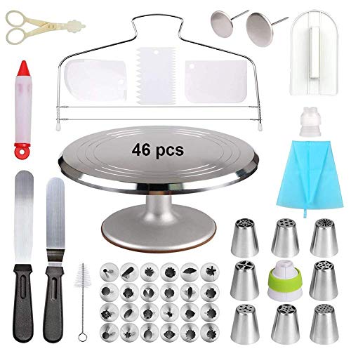 Kuchen dekorieren Zubehör 46Pcs 12 Zoll Aluminiumlegierung drehbarer Kuchen Plattenspieler mit 32 Dekor Mund, Konverter, Spatel,