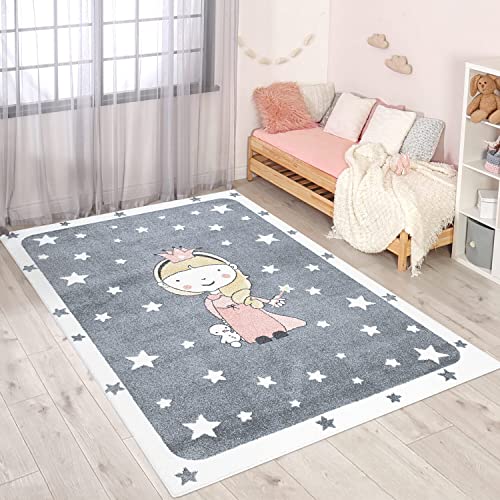 carpet city Teppich Kinderzimmer Prinzessin - Grau, Rosa - 80x150 cm - Kinderteppich Kurzflor mit...