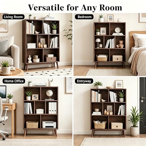 Image of HealSmart 7 Cube Storage Organizer, 3 Tier Bookshelf with Legs, Free Standing Cube Bookcase for Living Room, Bedroom, Office, Brown
