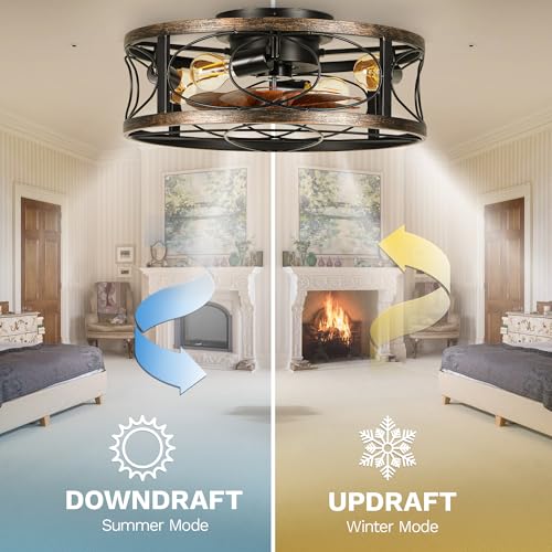 DWVO 20 Inch Caged Ceiling Fan with Lights and Remote, Farmhouse Flush Mount Low Profile Ceiling Light Fixture with Reversible DC Motor, 6 Speeds, for Living Room, Dining Room, Bedroom (Brown + Black)