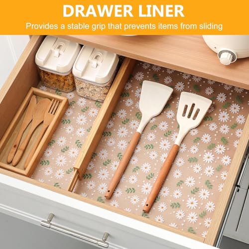 Image of Premium Anti-Slip Kitchen Cabinet Drawer Shelf Mat Liner Sheets for Waterproof Shelf Paper with Modern Pattern EVA Cabinet Mat Easy to Cut Green Flower,Table, Kitchen Drawer mat