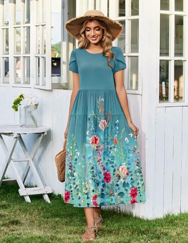 Image of Zeagoo Summer Dresses for Women 2026 Maxi Bohemian Floral Short Sleeve Long Dress Casual Flowy Tired Beach Sundress