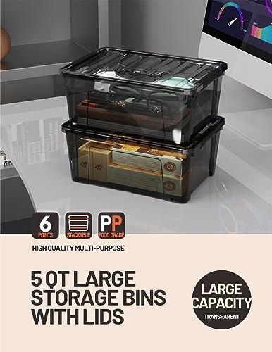 Image of WYT 5-Quart Small Plastic Storage Container Bin with Secure Lids and Latch Buckles, Black Clear Durable Stackable Nestable Organizin, 6-Pack