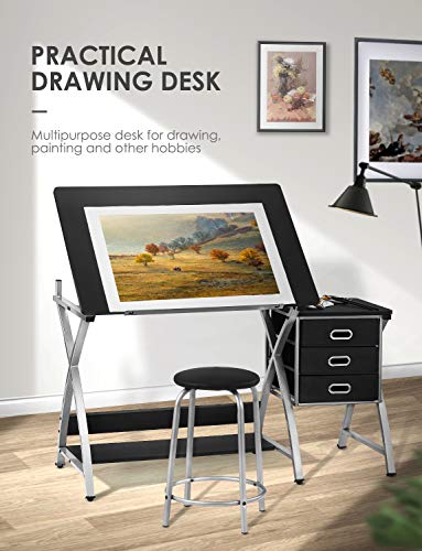Kealive Adjustable Drafting Table Drawing Desk with Padded Stool, X Cross Art Desk Craft Station with 3 Storage Drawers and Thick MDF Desktop, Black