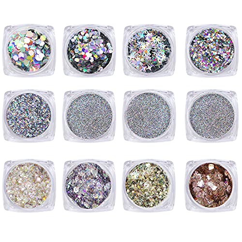 12 Boxes Holographic Nail Glitter Sequins, EUUPS 3D Flakes Shiny Acrylic Powder Dust Iridescent Manicure Tips Charms Sparkly Metallic Nail Glitter Flakes Set for Face Eyes Body Hair Nail Art