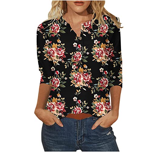 Cajas de San Valentín de verano para mujer, manga 3/4, botones del Reino Unido, cuello en V, vintage, floral, manga tres cuartos, camisetas de talla grande, camisetas de ajuste holgado, ropa casual de