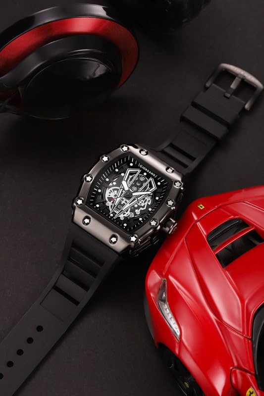 Image of Giordano Analog Quartz Watch for Men with Skeleton Rectangle Dial, Date Function, Luminous Hands and Markers, Silicone Strap - GZ-50237