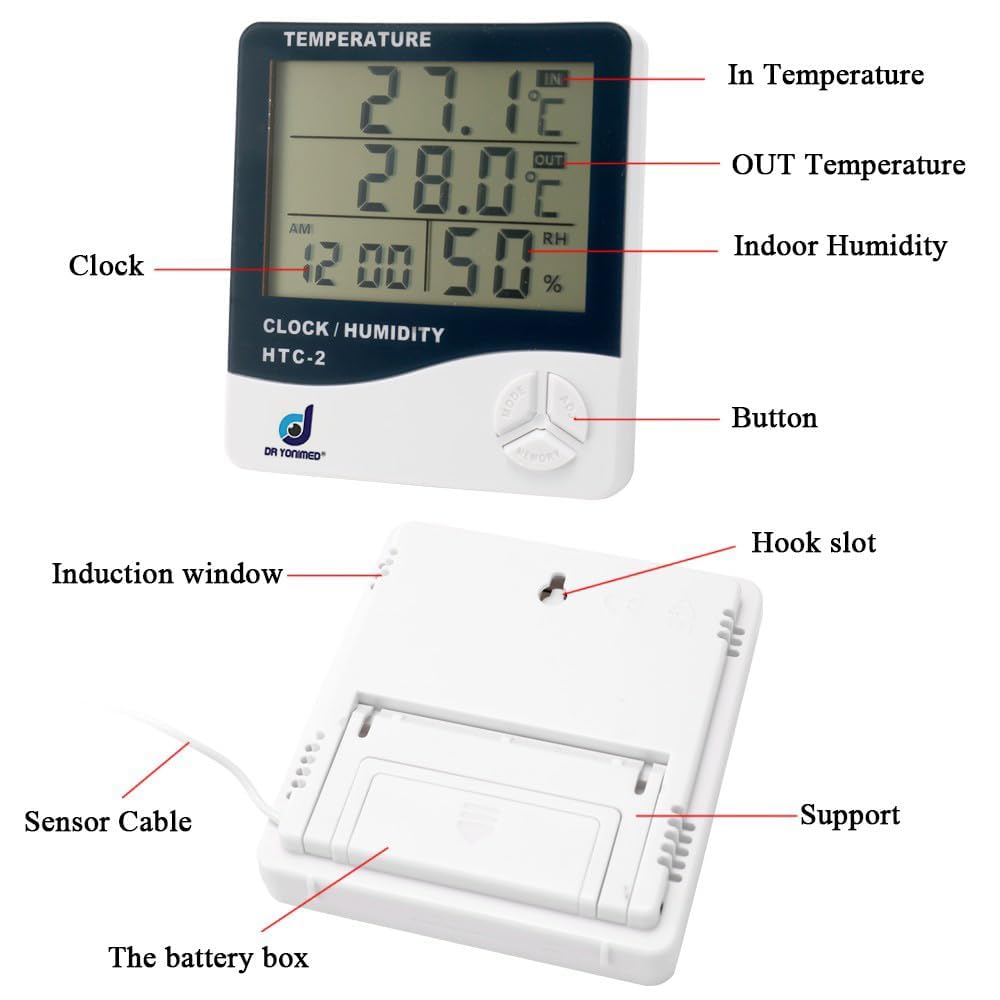Digital Temperature Humidity Monitor HTC-2, Indoor Outdoor Thermometer with Clock, LCD Display with External Probe 1