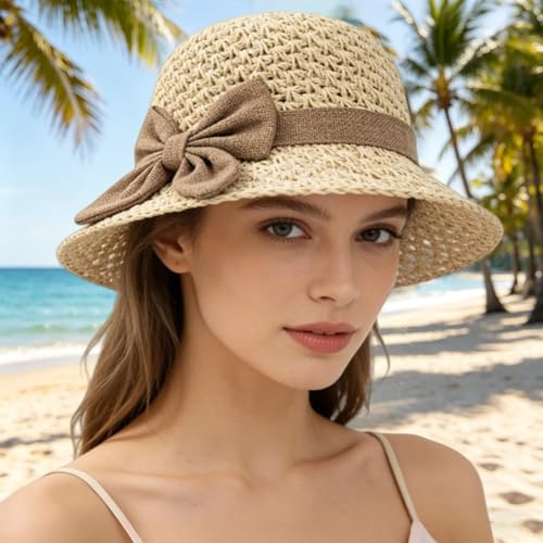 Sombrero de paja tejido para mujer con lazo y ala ancha miniatura 2