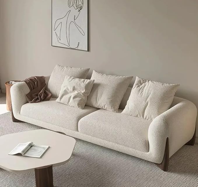 Image of Upholstered 3 Seater Sofa Three Seater Sofa with Wooden Legs for Living Room Hotels & Offices (3 Seater Boucle Fabric (Beige)