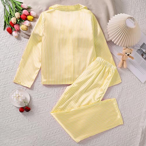 2 Piece Striped Buttons Satin 𝗽ajamas Sets with Pockets for Kids Long Sleeve Soft Buttons 𝗽𝐉 Pants L𝐨unge Sl𝐞epwear3