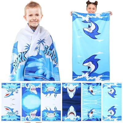 6 Pcs Beach Towel for Kids Absorbent Quick Dry Microfiber Bath Towels 30'' x 60'' Cute Kids Beach Towels Thick Soft Sand Free Travel Towels for Boys Girls (Blue Series,Shark) 51qXlQno