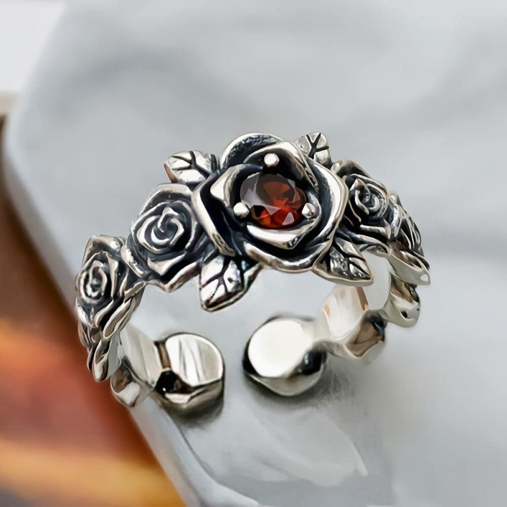 Anelli D'Argento,Anelli In Argento Sterling Da Donna 925 Anelli Regolabili Con Fiore Di Rosa Spine Retrò Punk Regolabile Anelli Per Abiti Anello Di Fidanzamento Regali Per Ragazze Anelli Di Eternit