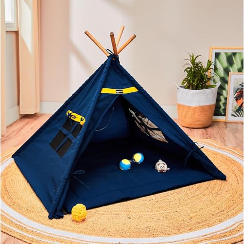 Image of Amazon Basics, Pet Soft Fabric Tent and Teepee, Cozy and Comfortable, Cushion Floor and Windows, Soft Cushion Base, Pet Home for All Dogs and Cats (Large) (Multi-Color)