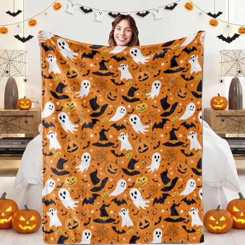 Image of Halloween Throw Blanket for Adults Kids, Orange Pumpkin Fall Blanket for Couch Bed, Soft Cozy Plush Halloween Ghosts Decor Throws, Spooky Gifts for Women Kids Men, 50x60inches