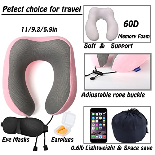 Gotdya Travel Pillow,Travel Neck Pillows For Sleeping,100% Pure Memory Foam Soft Comfort & Support Pillow For Airplane/Car/Office&Home Rest Use-Pink #TOP1