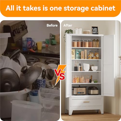 Image of 71 inch Tall Kitchen Pantry Cabinet,Farmhouse Pantry Cabinet,Metal Cabinet with Adjustable Shelves and Drawer,Storage Cabinet for Kitchen Dining Room Garage,White 1 Pack