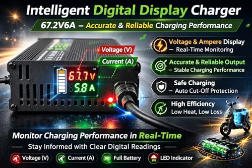 Image of 60V 6A Lithium-Ion Battery Charger with Voltage & Ampere Display | Auto Cut-Off @ 67.2V | Compatible with All 60V Electric Scooters Battery - Okinawa, Battre, Kinetic, PureEV, Benling, Hop & More
