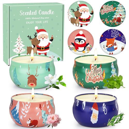 Set Regalo di Candele Profumate Natalizie | 4 Candele in Vasetto per Alleviare lo Stress| Cofanetto per Regalo Donna | Regali di Natale Perfetti per le Donne