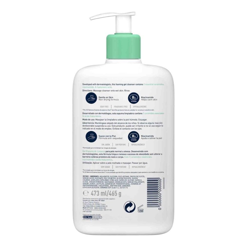 CeraVe Gel Limpiador Espumoso, Para Piel Normal a Grasa, Elimina el Exceso de Grasa y Suciedad, Enriquecido Con Ceramidas Esenciales, Niacinamida y Ácido Hialurónico, Apto para Rostro y Cuerpo, 473ml