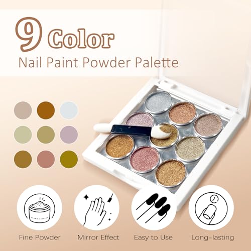 Image of 9 Colors Chrome Nail Powder Palette, Gold Silver Pink Metallic Mirror Holographic Chrome Powder for Nails, Fine Glitter Nail Art Decoration for Home DIY Salon Manicure Pigment, C