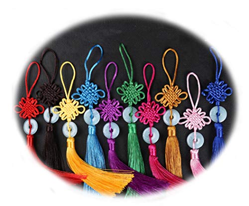 HorBous 8 PCS 10”Manual Oriental Imitation Jade Peace Buckle Tassel Chinese Knot Pendant Gift for Car Decoration, Home Decoration, Color Random.