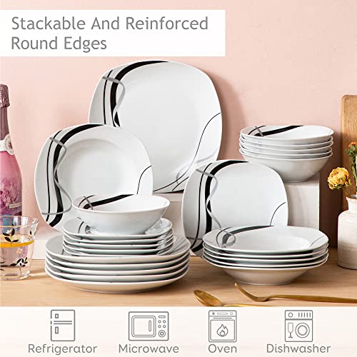Veweet, Series Fiona, 24-Piece Ivory White Square Porcelain Ceramic Dinnerware Set With Black And Gray Stripes, Including Bowls, Dessert Plates, Soup Plates, Dinner Plates, Service For 6 #TOP4