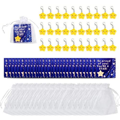 Zilaro 30 Sets End Of Term Gifts For Children Star Key With Motivational Card & Organza Bags Gifts For Students From Teachers Bulk Pupil End Of School Year Year 6 Leavers Class Of 2026 Gifts
