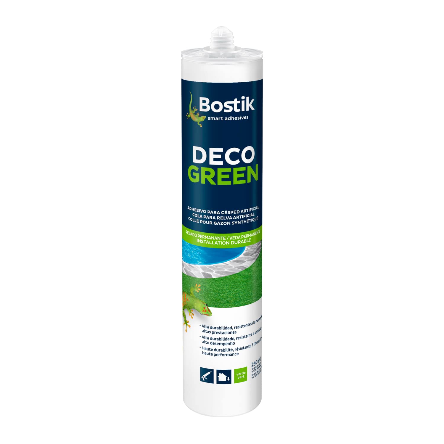 Bostik Adhesivo para Todo Tipo Materiales, césped artificial Monocomponente Deco Green de alta duración, Tecnología MSP, Verde Cartucho 290 mL
