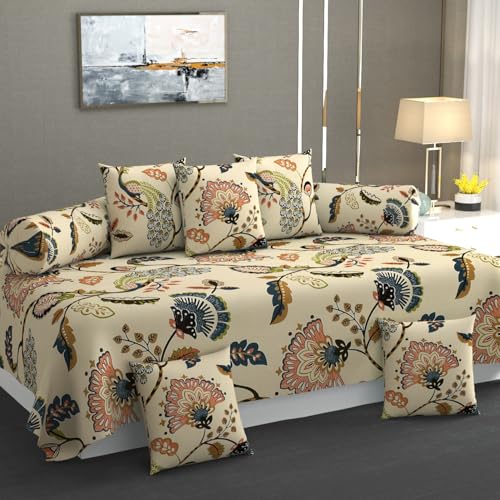 Image of COVE & HUES Cotton Diwan Set Covers |8 Pieces Diwan Cover Set|300 TC Fabric| Pure Cotton Printed Deewan Set (1 Single Bedsheet, 2 Bolster Covers, 5 Cushion Covers)|Beige Jaipuri|KC 02