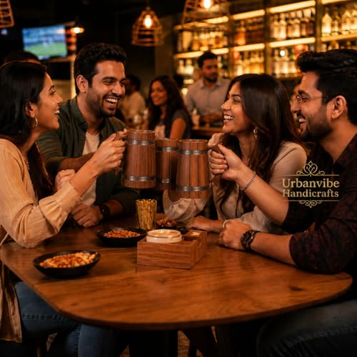 Image of Handmade Wooden Beer Mug, Wood with Sheesham Finish, Barrel Style, Lightweight & Durable, for Craft Beer, Home Bar, Cafe, Party, Gift(350ml) (Steel Band)