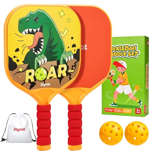 Image of Joycat Kids Pickleball Paddles Set of 2, Lightweight Plastic Cute Pickleball Paddles with Small Grip, 2 Pickleballs, 1 Drawstring Bag,Indoor Outdoor Sport Gift for Kids,Beginner