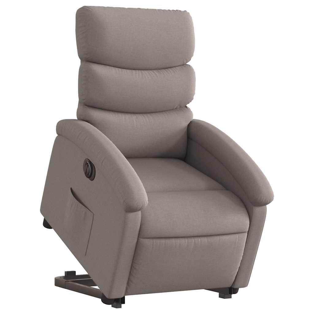 Sillón elevador eléctrico reclinable de tela color pardo con motor para elevación e inclinación automática a 135 grados, estructura estable y bolsillo lateral, asiento