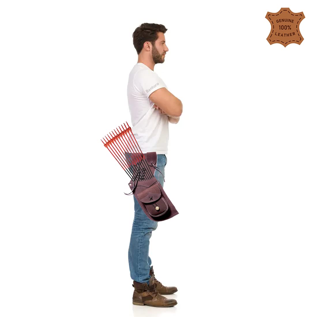 Carquois latéral traditionnel fait à la main pour la chasse et le tir à l'arc en cuir véritable, léger et confortable (poche unie en cuir)
