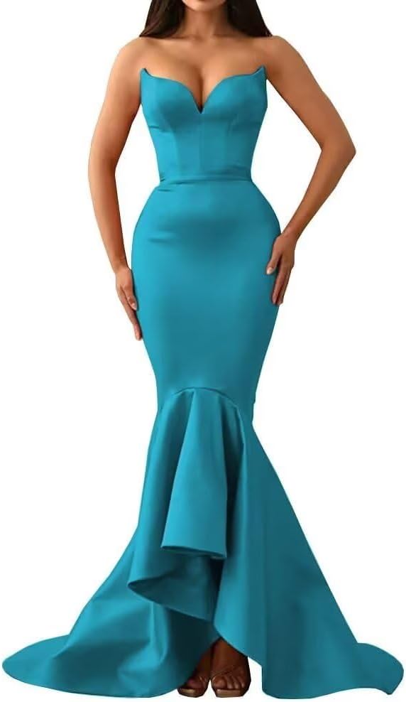 Sweetheart Satin Mermaid Strapless Party Prom Dress for Women, Sleeveless Long Evening Bridesmaid Dress