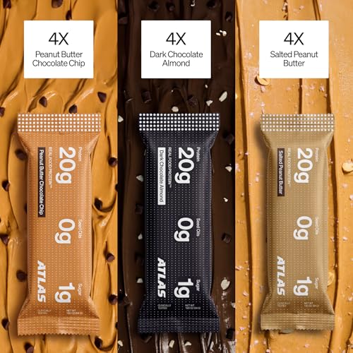 Image of Atlas Real Food High Protein Bars - 20g Protein, 1g Sugar, Clean Ingredients, High Fiber, Low Sugar Snack Bar, No Seed Oils, No Artificial Sweeteners (Variety, 12 Count)