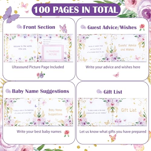 Image of Fuyoooo 27 Pcs Butterfly Floral Baby Shower Guest Book Set Baby Shower Sign in Guest Floral Book Place Table Cards with Gold Pen Adhesive Photo Corner for Birthday Party