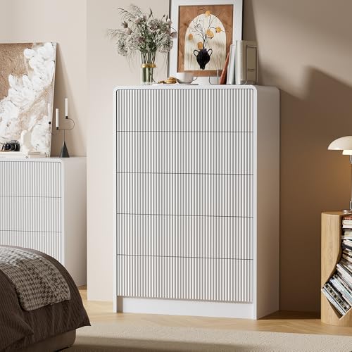Image of Furniway Bedroom Dresser Set 3 Piece, 5 Drawer Curved Dresser with 2 Nightstands, Modern Fluted Wood Storage Cabinet, White Chest of Drawers with Pop-Up Design, White