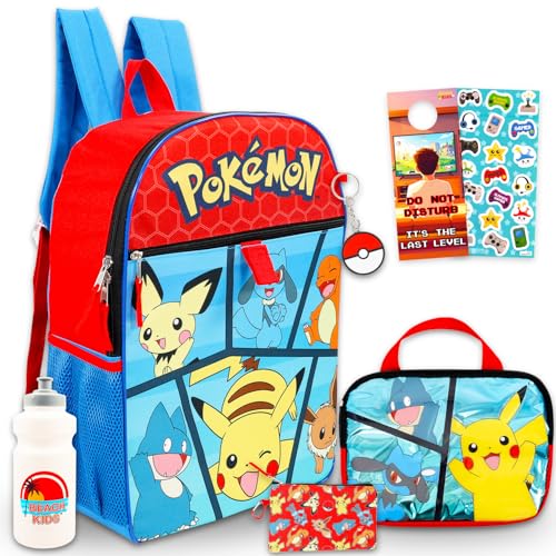 Mochila Pokemon para meninos, crianças – Pacote de 5 peças com bolsa escolar Pokémon de 40,6 cm, estojo utilitário, suporte para lápis, garrafa de água, adesivos, mais | Conjunto de mochila Pikachu
