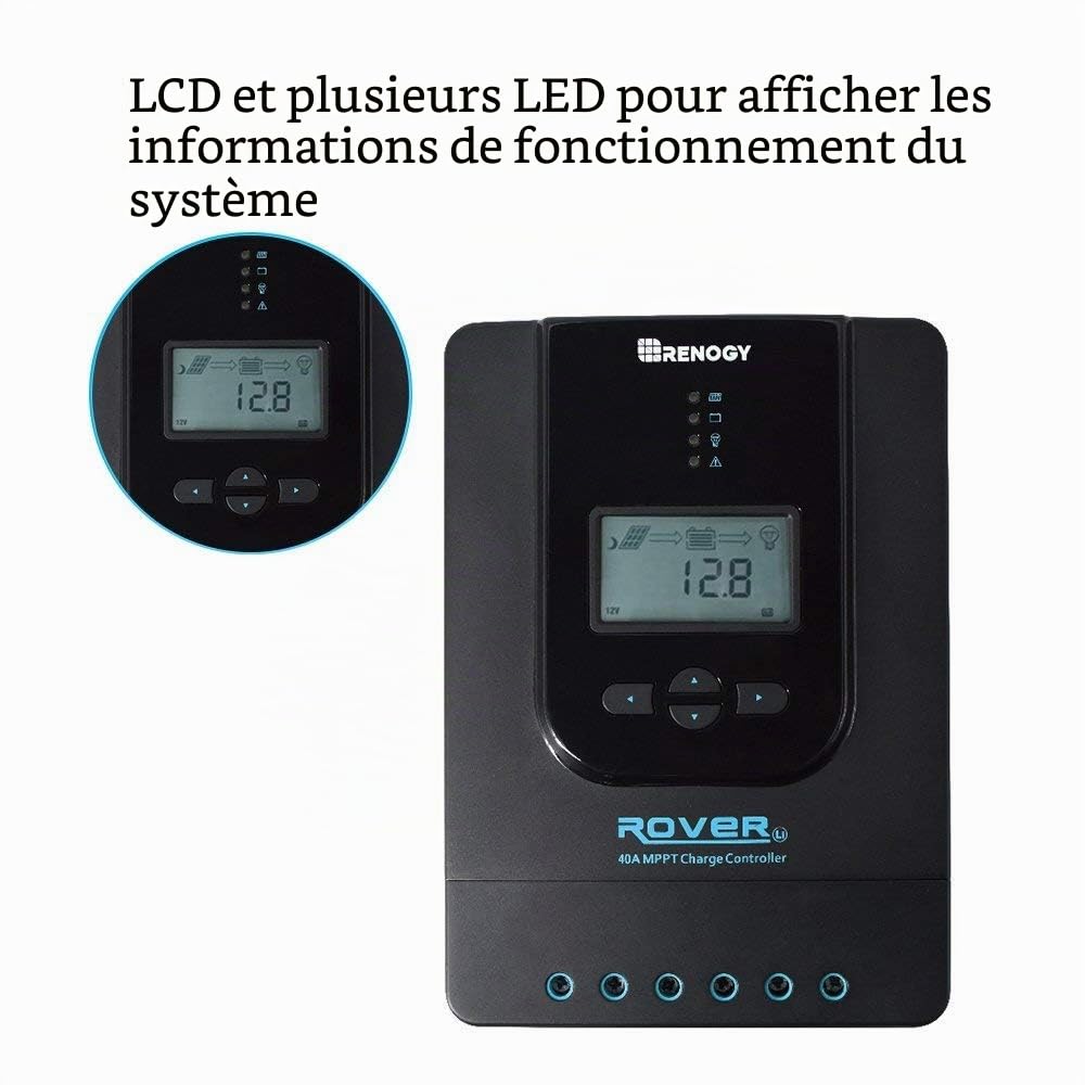 Renogy Régulateur de charge solaire MPPT 40 A 12/24 V Bluetooth avec écran LCD pour batteries AGM, gel et lithium