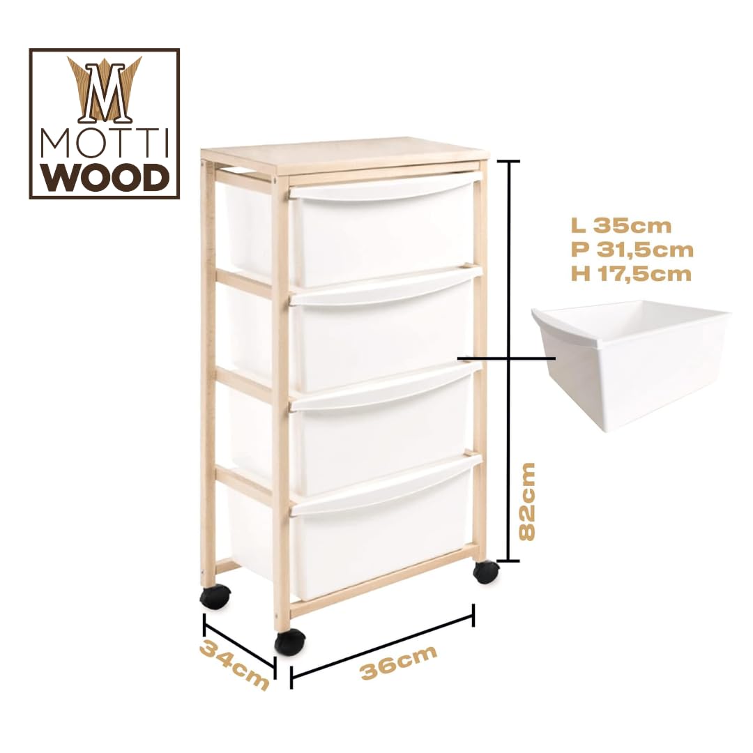 Carrello Multiuso in Legno di Faggio, 4 Cassetti Estraibili, Cassettiera Salva Spazio, 36x34xh82